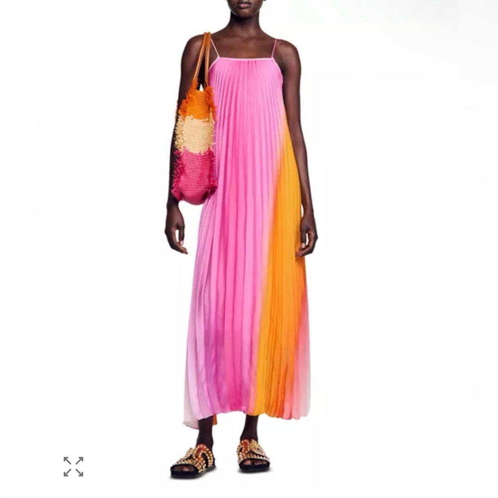NWT Sandro Sunny Pleated Midi Pink & Orange Pleated Dress size FR 34 / US 2